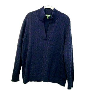LAUREN RALPH LAUREN Navy Cable V -Neck Ribbed Collared Knit Sweater Size 2X